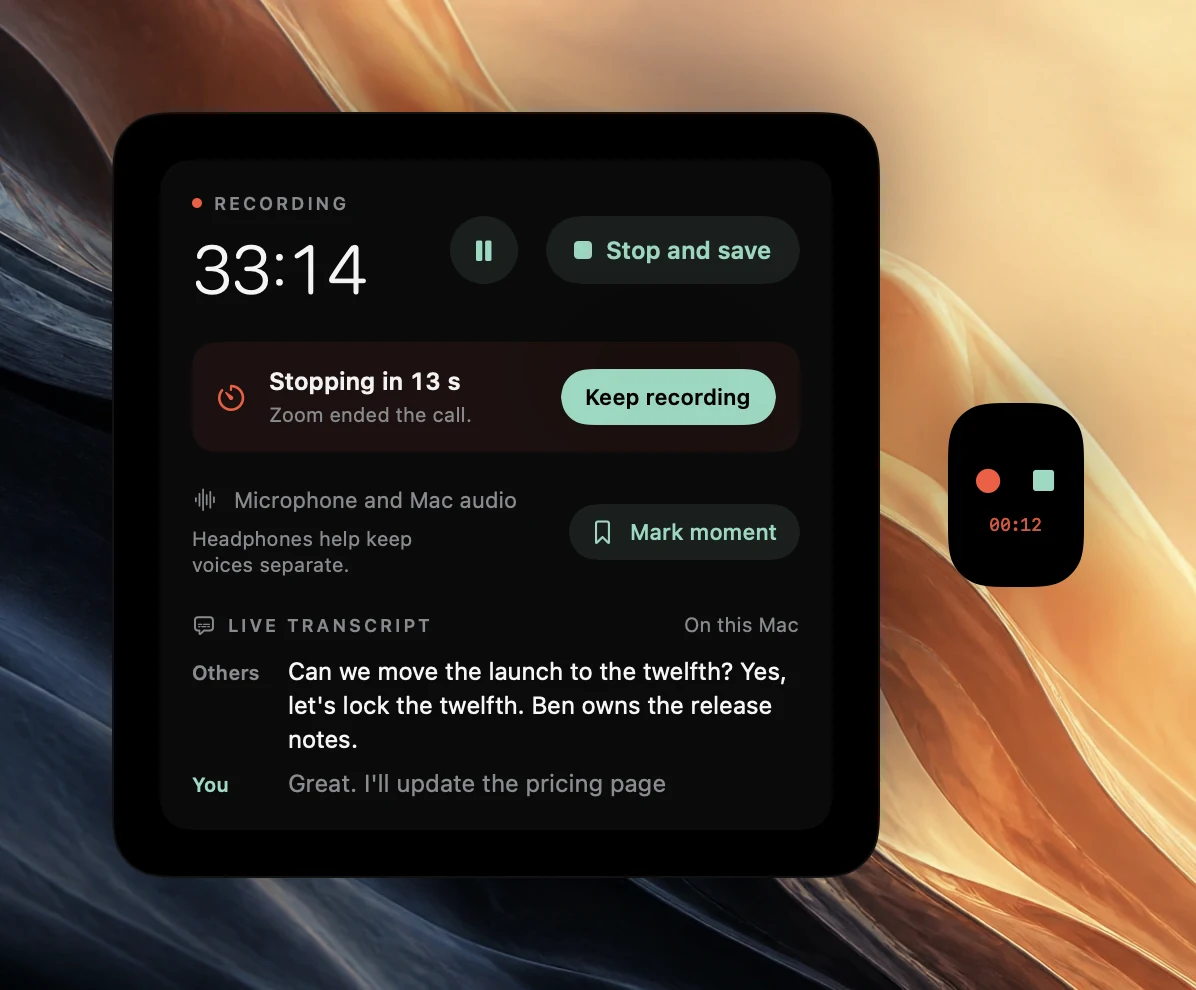 Poffle recording controls at 33:14 showing Stopping in 13 s because Zoom ended the call, a Keep recording button, Mark moment and a live transcript, beside a compact peek with a red dot to keep recording and a stop square above 00:12 in red.