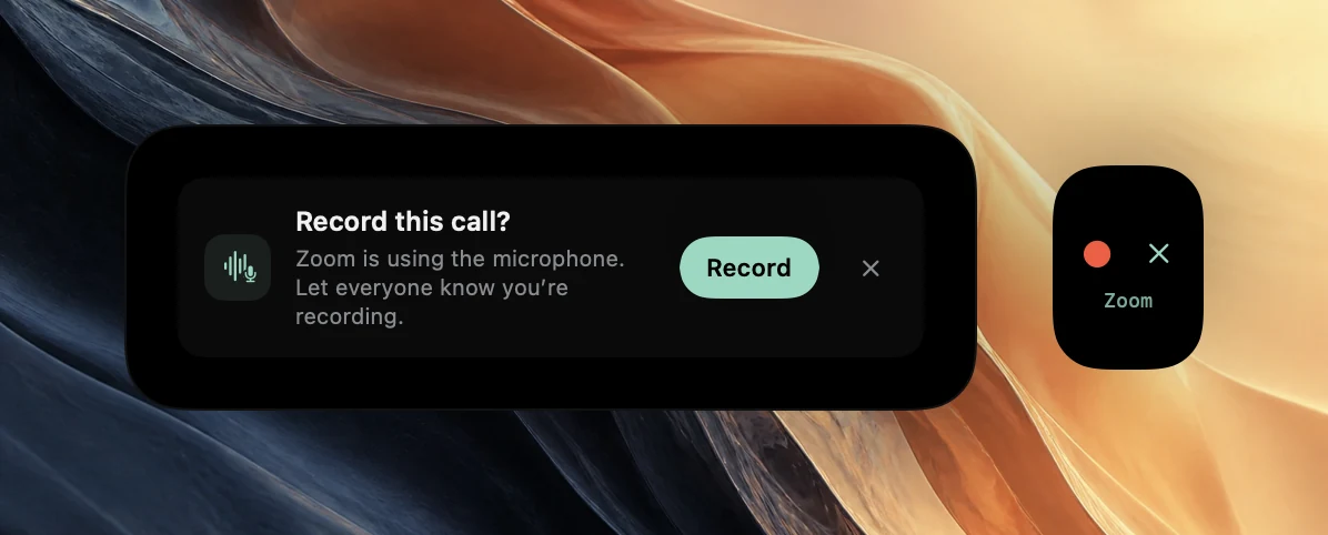 Poffle's Record this call? offer saying Zoom is using the microphone, with a reminder to let everyone know and a Record button. A smaller peek at the screen edge shows a red record dot and a close icon above the word Zoom.