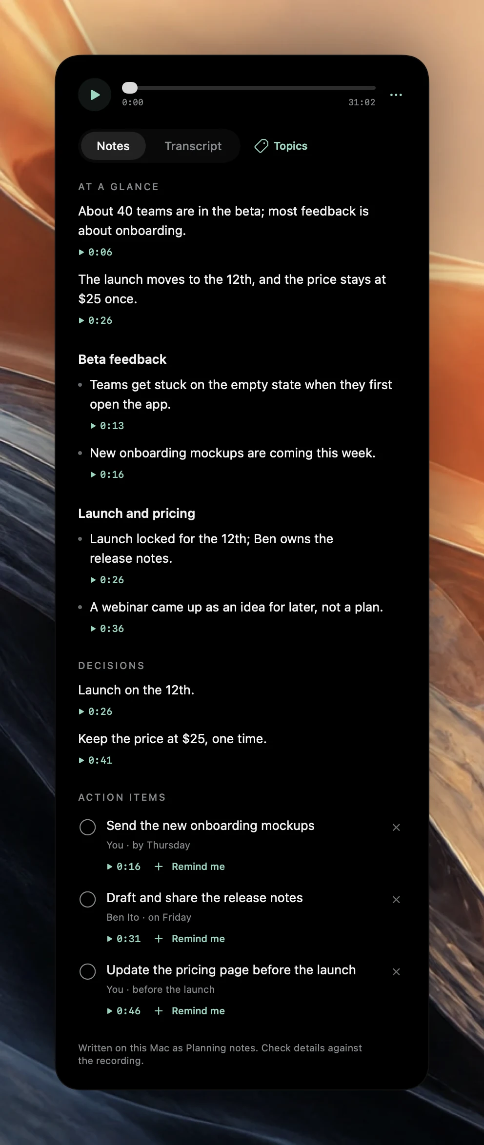 Poffle meeting notes for a 31-minute product sync. At a glance has two points, followed by Beta feedback and Launch and pricing sections, two decisions and three action items with owners, due dates, timestamps and Remind me buttons.