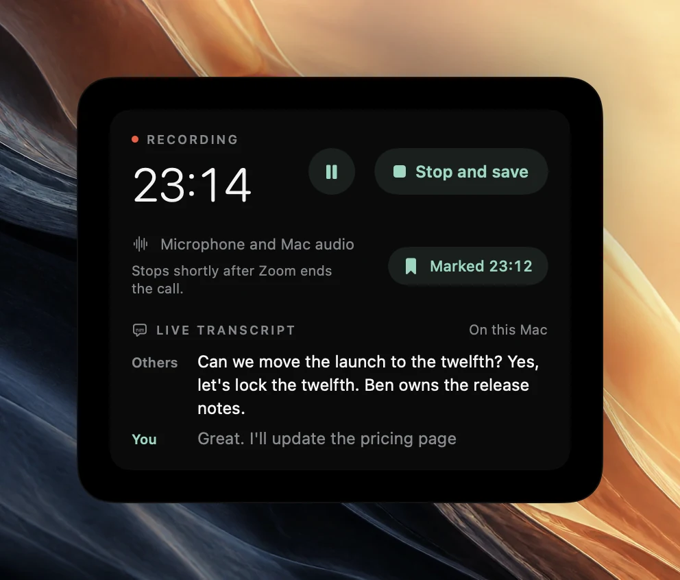 Poffle's recording controls at 23:14 with Stop and save, a Marked 23:12 confirmation and a live transcript. Others: Can we move the launch to the twelfth? Yes, let's lock the twelfth. Ben owns the release notes. You: Great. I'll update the pricing page, still dimmed.