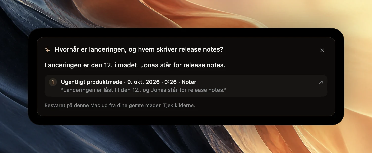 Et svarkort i Poffle for spørgsmålet Hvornår er lanceringen, og hvem skriver udgivelsesnoterne? Svaret lyder Lanceringen er den 12., og Ben står for udgivelsesnoterne, med tre nummererede kilder fra det ugentlige produktmøde den 8. okt. 2026: en note, en passage fra transskriptionen af Ana Ruiz og en opgave til Ben Ito.