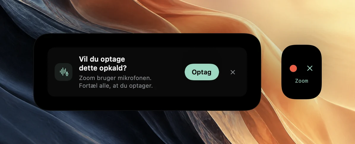 Poffles tilbud Vil du optage dette opkald?, der siger, at Zoom bruger mikrofonen, med en påmindelse om at fortælle det til alle og en Optag-knap. Et mindre glimt i kanten af skærmen viser en rød optageprik og et lukkeikon over ordet Zoom.