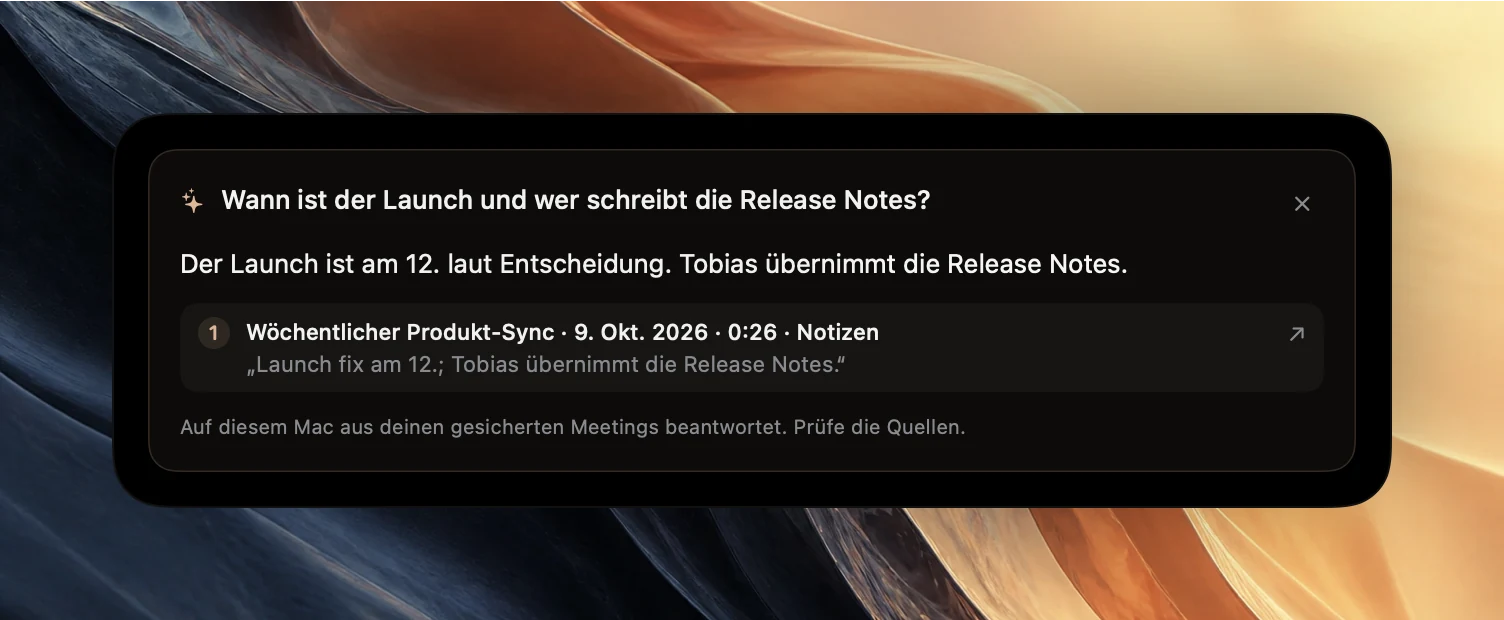 Eine Antwortkarte in Poffle zur Frage Wann ist der Launch, und wer schreibt die Release Notes? Die Antwort lautet: Der Launch ist am 12., und Ben ist für die Release Notes zuständig. Darunter drei nummerierte Quellen aus dem Weekly Product Sync vom 8. Okt. 2026: eine Notiz, eine Transkriptpassage von Ana Ruiz und eine Aufgabe für Ben Ito.