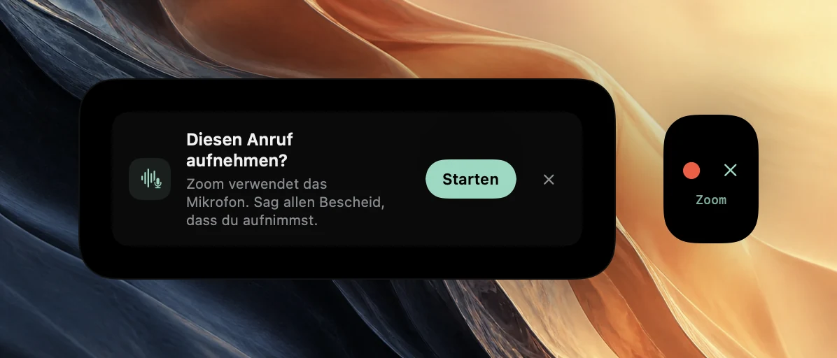 Das Angebot „Diesen Anruf aufnehmen?“ von Poffle: Zoom verwendet das Mikrofon, dazu der Hinweis, allen Bescheid zu sagen, und die Taste „Starten“. Eine kleinere Einblendung am Bildschirmrand zeigt einen roten Aufnahmepunkt und ein Schließen-Symbol über dem Wort Zoom.