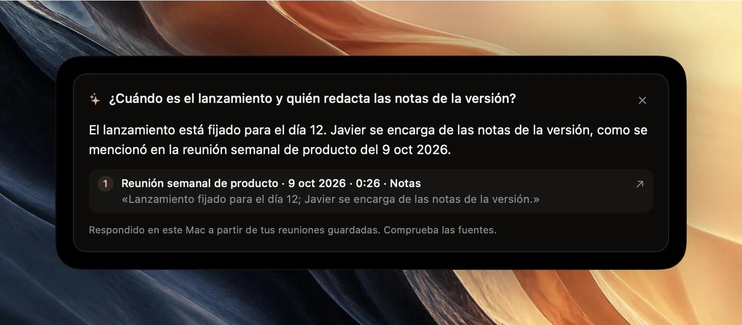 Tarjeta de respuesta de Poffle para la pregunta ¿Cuándo es el lanzamiento y quién escribe las notas de la versión? La respuesta dice El lanzamiento es el día 12 y Ben se encarga de las notas de la versión, con tres fuentes numeradas de la reunión semanal de producto del 8 de octubre de 2026: una nota, un fragmento de la transcripción de Ana Ruiz y una acción pendiente de Ben Ito.