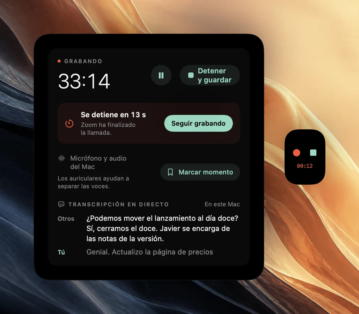 Controles de grabación de Poffle en 33:14 con Se detiene en 13 s porque Zoom ha finalizado la llamada, un botón Seguir grabando, Marcar momento y la transcripción en directo. Un pequeño vistazo en el borde de la pantalla muestra un punto rojo para seguir grabando y un cuadrado de detener sobre 00:12 en rojo.