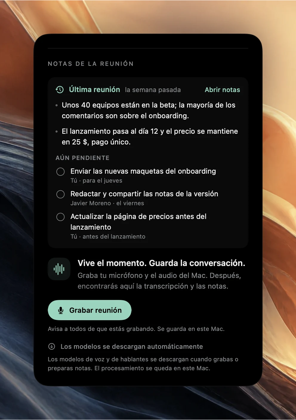 Sección Notas de la reunión de Poffle para un próximo evento. Última reunión, la semana pasada, con Abrir notas, dos puntos de la reunión anterior y tres acciones Aún pendiente con sus responsables, encima del botón Grabar reunión.