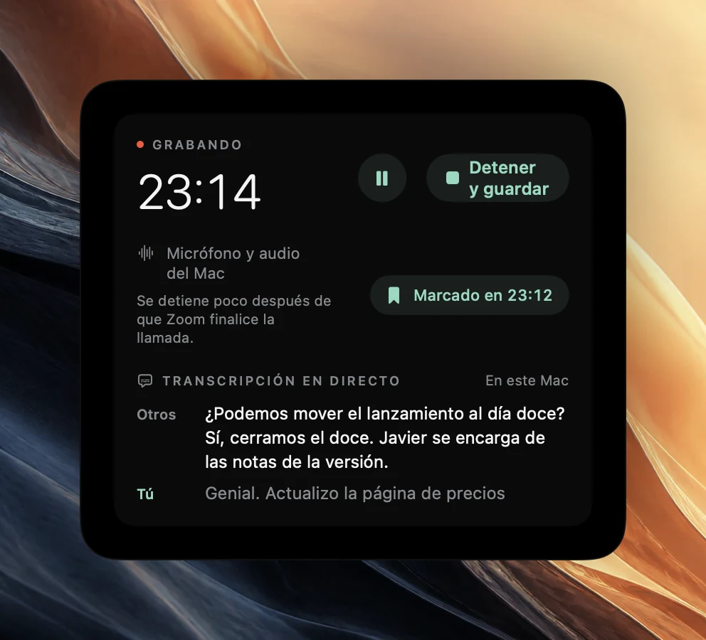 Controles de grabación de Poffle en 23:14 con Detener y guardar, una confirmación Marcado en 23:12 y una transcripción en directo. Otros: ¿Podemos mover el lanzamiento al día 12? Sí, cerremos el 12. Ben se encarga de las notas de la versión. Tú: Genial. Actualizaré la página de precios, todavía atenuado.