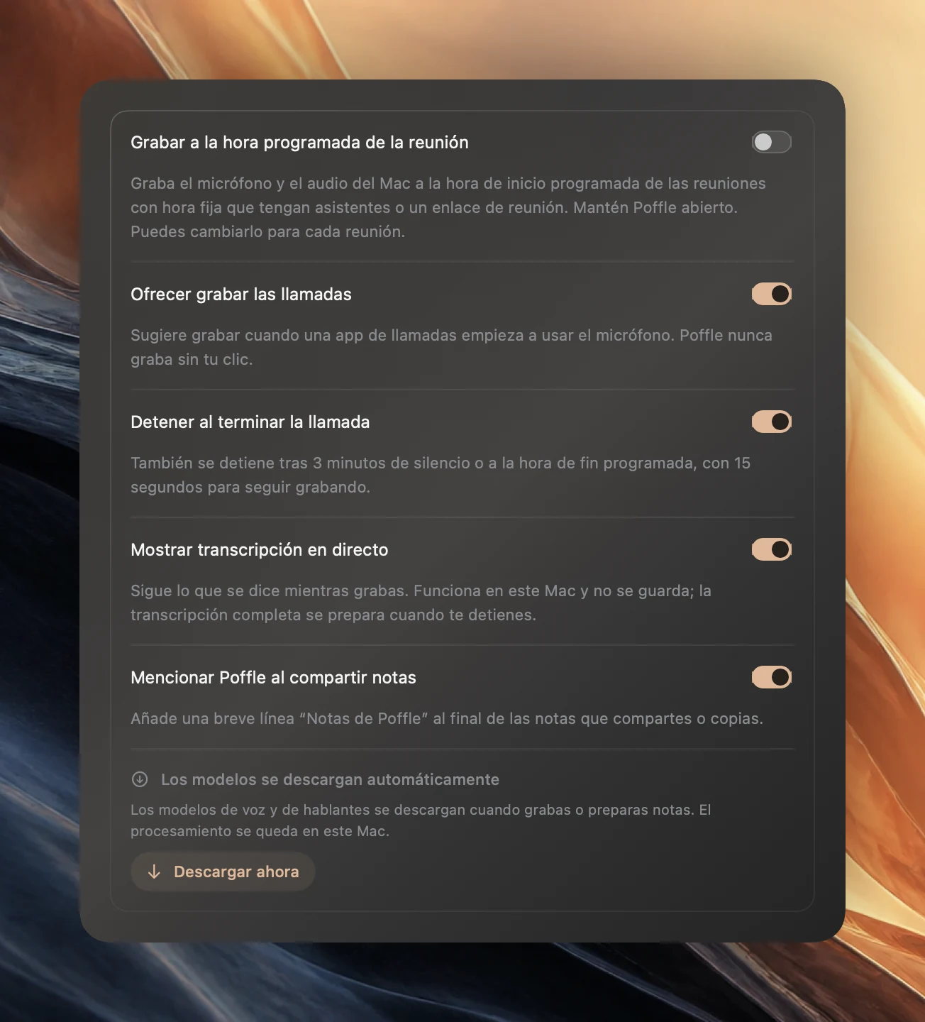 Ajustes de Reuniones de Poffle, que terminan con Mencionar Poffle al compartir notas, activado, y su descripción: Añade una breve línea Notas de Poffle al final de las notas que compartes o copias.