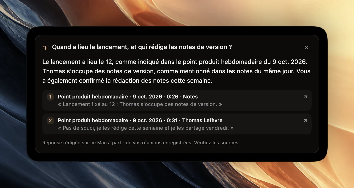 Une carte de réponse dans Poffle pour la question Quand a lieu le lancement, et qui rédige les notes de version ? La réponse indique Le lancement a lieu le 12, et c’est Ben qui s’occupe des notes de version, avec trois sources numérotées issues du Point produit hebdomadaire du 8 oct. 2026 : une note, un passage de la transcription d’Ana Ruiz et une action à mener pour Ben Ito.
