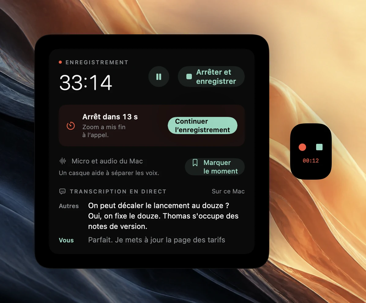 Commandes d’enregistrement de Poffle à 33:14 affichant Arrêt dans 13 s parce que Zoom a mis fin à l’appel, avec un bouton Continuer l’enregistrement, Marquer le moment et la transcription en direct. Un petit coup d’œil au bord de l’écran montre un point rouge pour continuer l’enregistrement et un carré d’arrêt au-dessus de 00:12 en rouge.