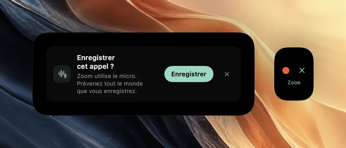 Proposition Enregistrer cet appel ? de Poffle indiquant que Zoom utilise le micro, avec un rappel de prévenir tout le monde et un bouton Enregistrer. Un coup d’œil plus petit au bord de l’écran montre un point d’enregistrement rouge et une icône de fermeture au-dessus du mot Zoom.