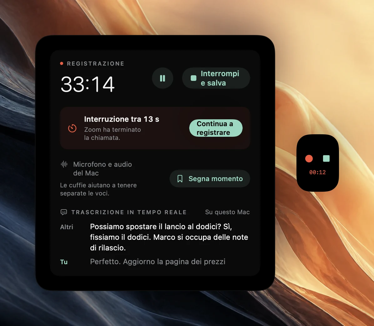 I controlli di registrazione di Poffle a 33:14 che mostrano Interruzione tra 13 s perché Zoom ha terminato la chiamata, con un pulsante Continua a registrare, Segna momento e la trascrizione in tempo reale. Una piccola sbirciata al bordo dello schermo mostra un pallino rosso per continuare a registrare e un quadrato di stop sopra 00:12 in rosso.