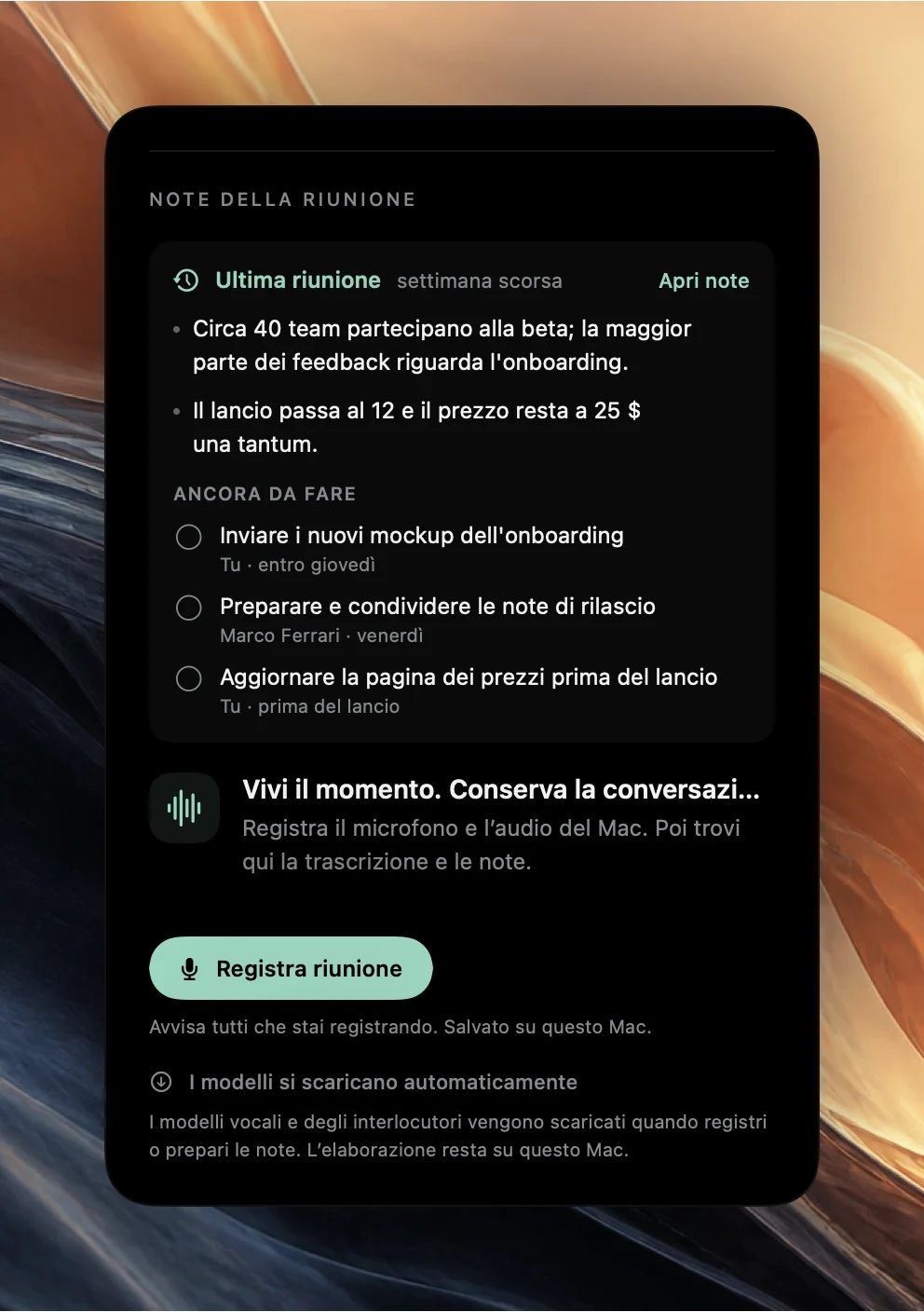 La sezione Note della riunione di Poffle per un evento in arrivo: Ultima riunione, la settimana scorsa, con Apri note, due punti della riunione precedente e tre azioni Ancora da fare con i responsabili, sopra il pulsante Registra riunione.