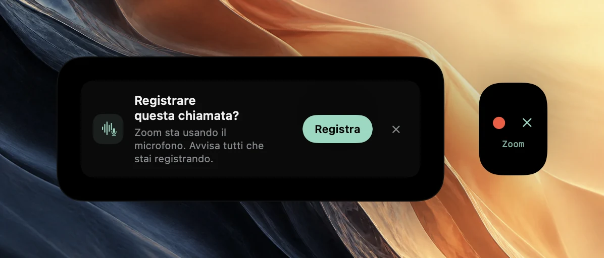 La proposta Registrare questa chiamata? di Poffle, che indica che Zoom sta usando il microfono, con l’invito ad avvisare tutti e un pulsante Registra. Una sbirciata più piccola al bordo dello schermo mostra un pallino rosso di registrazione e un’icona di chiusura sopra la parola Zoom.