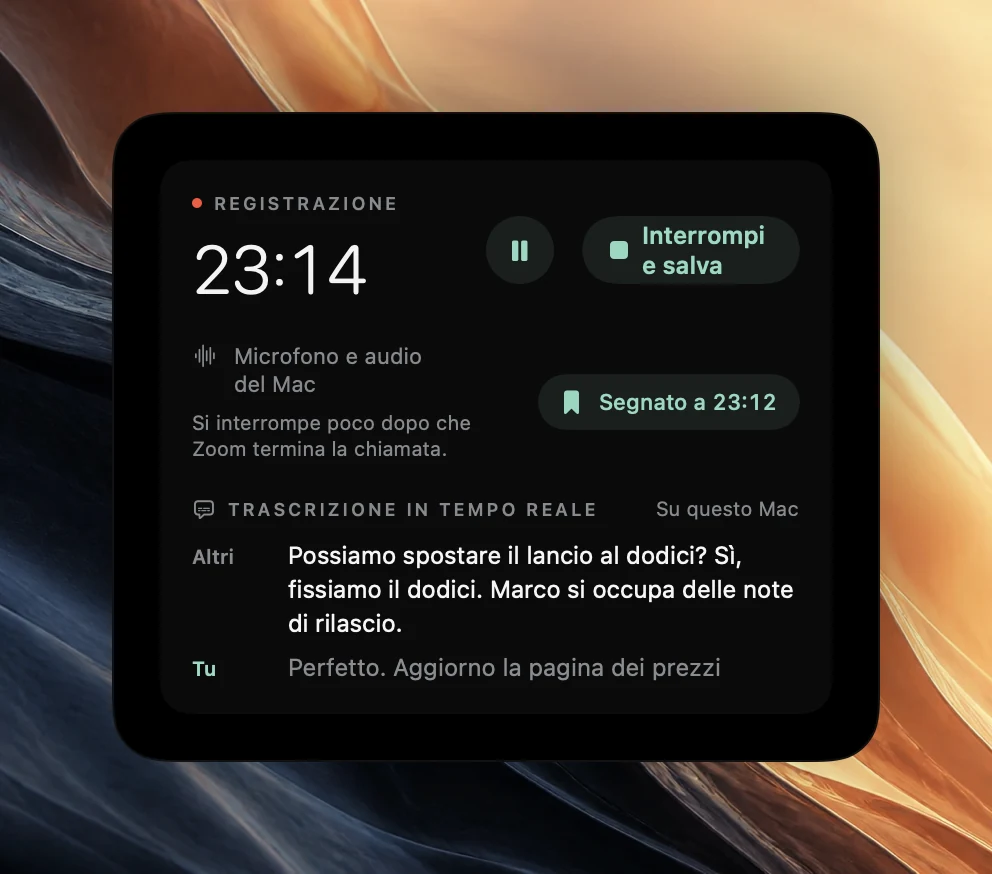 I controlli di registrazione di Poffle a 23:14 con Interrompi e salva, la conferma Segnato a 23:12 e una trascrizione in tempo reale. Altri: Possiamo spostare il lancio al 12? Sì, fissiamo il 12. Le note di rilascio sono di Ben. Tu: Perfetto. Aggiorno la pagina dei prezzi, ancora attenuato.
