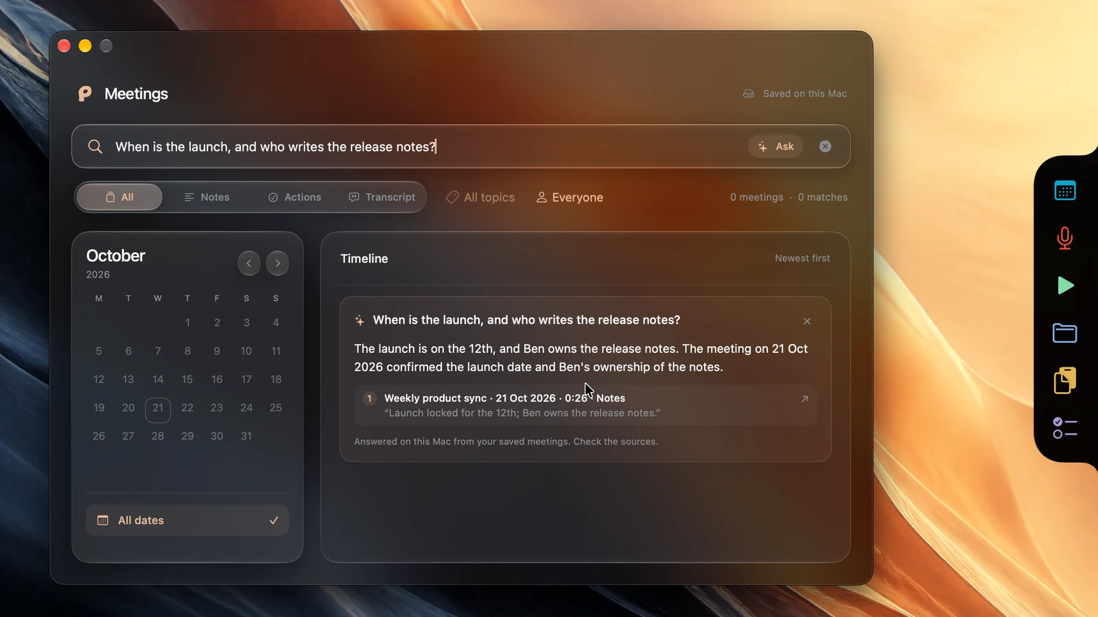Poffle meeting search with a calendar, topic filters and meeting notes.