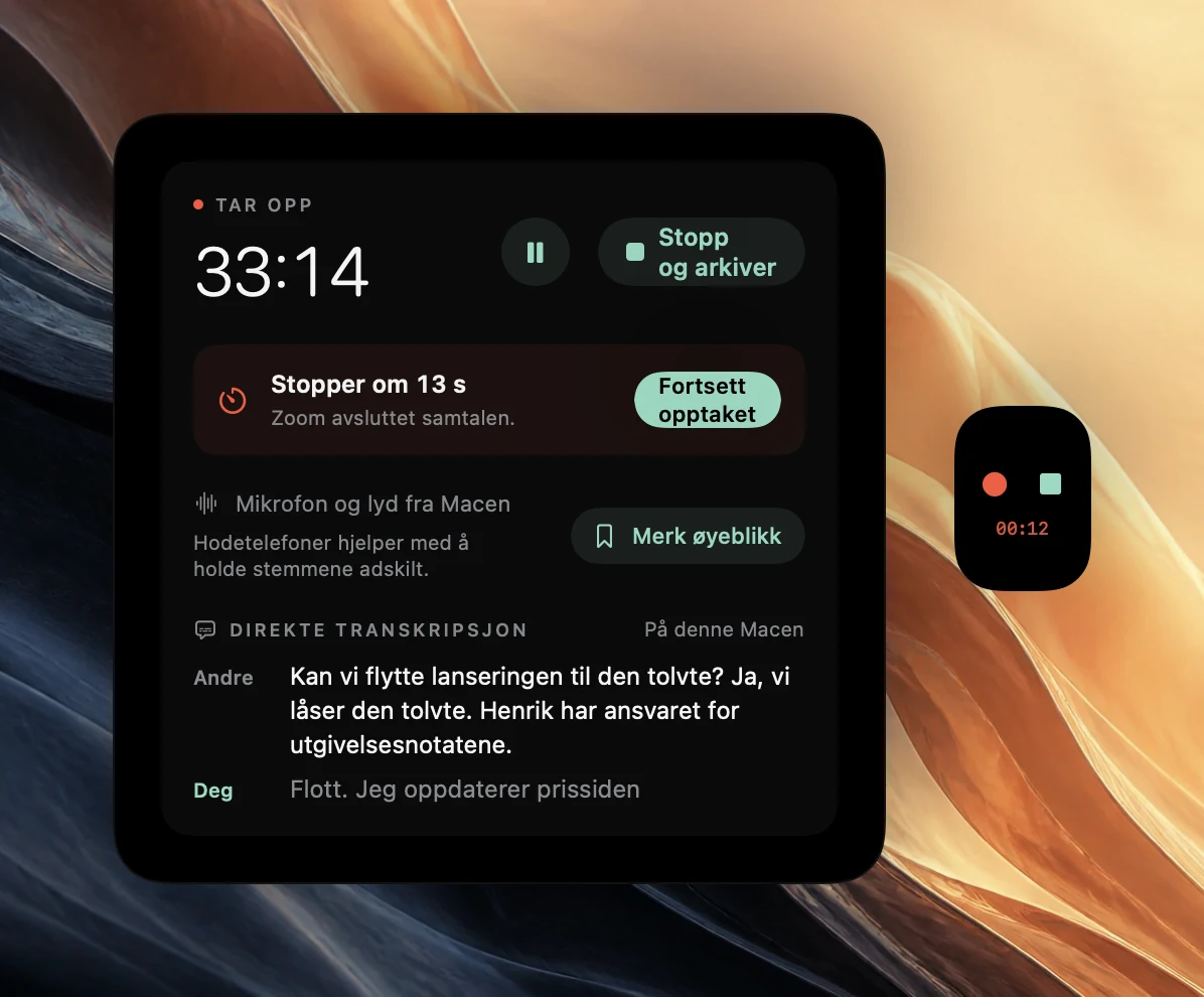 Opptakskontrollene i Poffle ved 33:14, som viser Stopper om 13 s fordi Zoom avsluttet samtalen, med knappen Fortsett opptaket, Merk øyeblikk og den direkte transkripsjonen. Et lite glimt i kanten av skjermen viser en rød prikk for å fortsette opptaket og en stoppfirkant over nedtellingen 00:12 i rødt.
