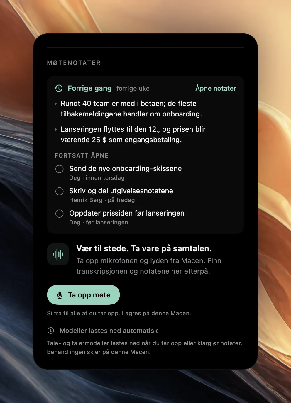 Delen Møtenotater i Poffle for en kommende hendelse. Forrige gang, forrige uke, med Åpne notater, to punkter fra forrige møte og tre oppfølgingspunkter under Fortsatt åpne med ansvarlige, over knappen Ta opp møte.