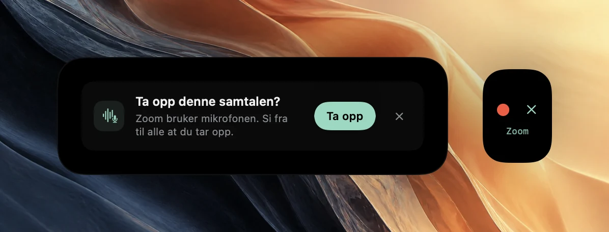 Poffles tilbud Ta opp denne samtalen?, som sier at Zoom bruker mikrofonen, med en påminnelse om å si fra til alle og en Ta opp-knapp. Et mindre glimt i kanten av skjermen viser en rød opptaksprikk og et lukkeikon over ordet Zoom.