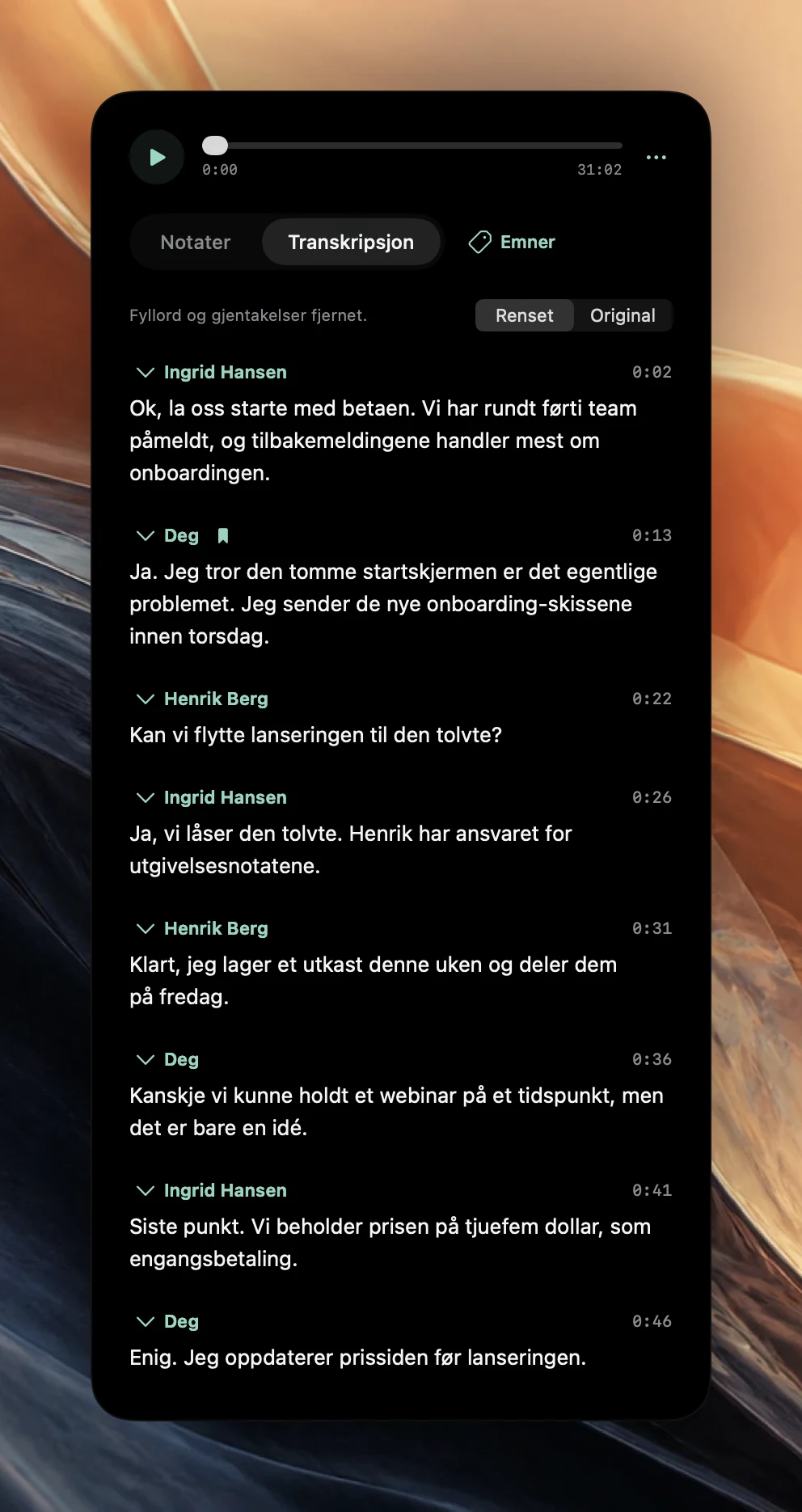 En møtetranskripsjon i Poffle med Renset valgt, som viser avsnitt fra Ana Ruiz, Deg og Ben Ito med tidsstempler og et bokmerke ved en av replikkene dine.