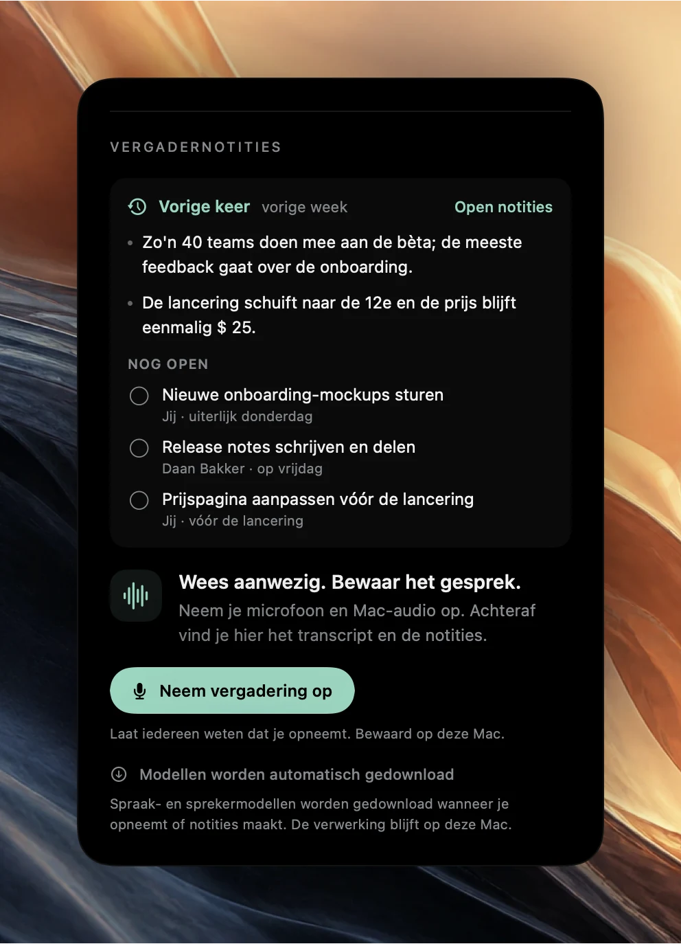Het gedeelte Vergadernotities van Poffle voor een komende activiteit. Vorige keer, vorige week, met Open notities, twee punten uit de vorige vergadering en drie actiepunten onder Nog open met eigenaren, boven de knop Neem vergadering op.