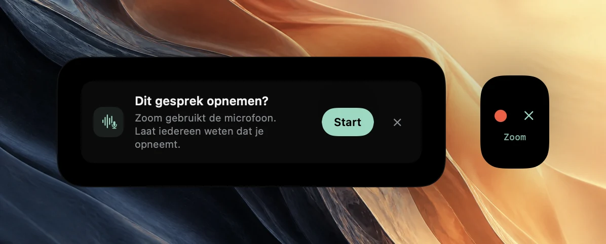 Het aanbod Dit gesprek opnemen? van Poffle, met de melding dat Zoom de microfoon gebruikt, een herinnering om het iedereen te laten weten en een startknop. Een kleiner kijkje aan de rand van het scherm toont een rode opnamestip en een sluitpictogram boven het woord Zoom.