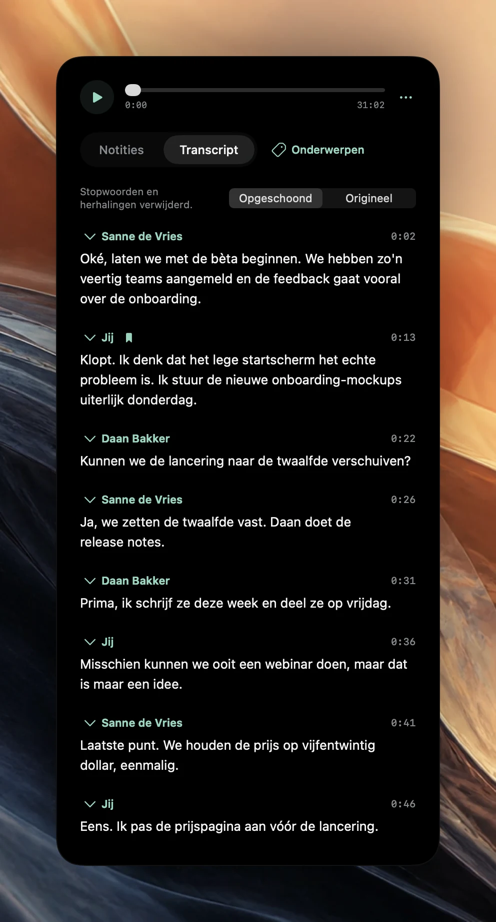 Een transcript in Poffle in de weergave Opgeschoond, met het label Stopwoorden en herhalingen verwijderd, en alinea’s van Ana Ruiz, Jij en Ben Ito, elk met een begintijd van 0:02 tot 0:46.