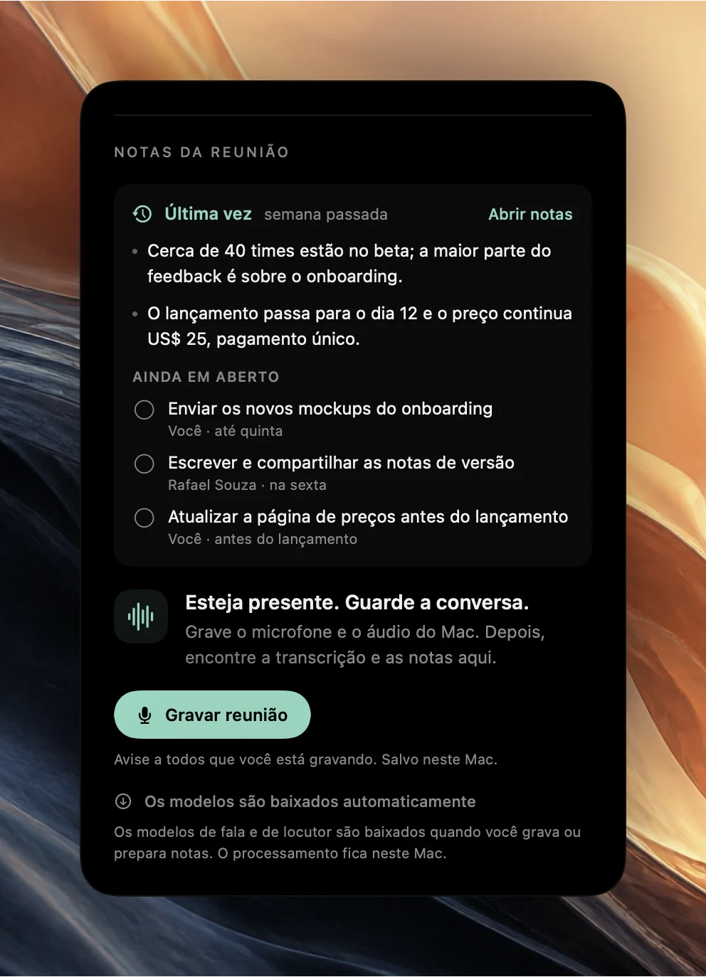 A seção Notas da reunião do Poffle para um evento que vai começar. Última vez, semana passada, com Abrir notas, dois pontos da reunião anterior e três ações em Ainda em aberto com responsáveis, acima do botão Gravar reunião.
