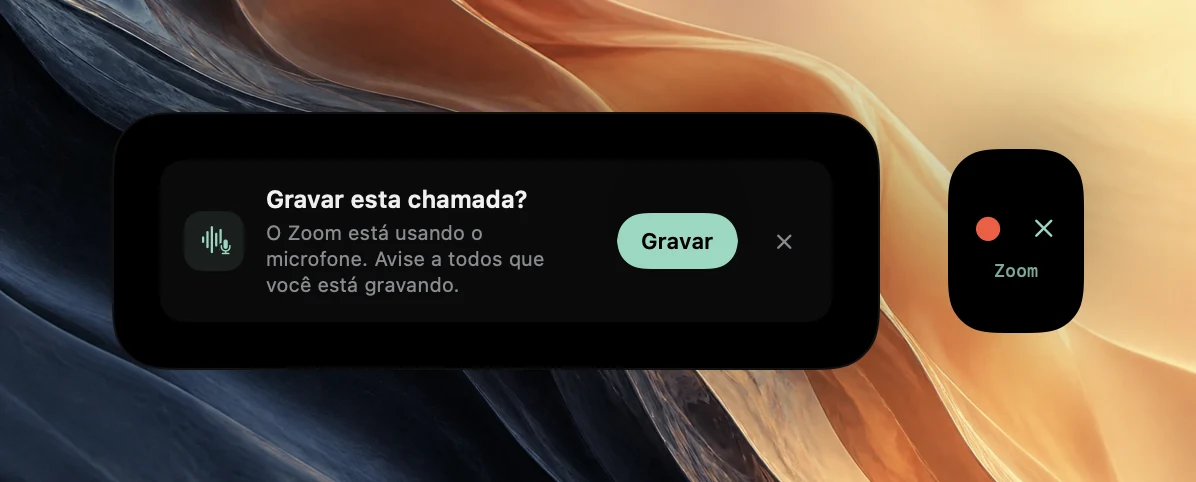 A oferta “Gravar esta chamada?” do Poffle dizendo que o Zoom está usando o microfone, com um lembrete para avisar a todos e um botão Gravar. Uma espiada menor na borda da tela mostra um ponto vermelho de gravação e um ícone de fechar acima da palavra Zoom.