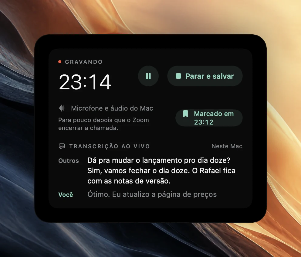 Controles de gravação do Poffle em 23:14 com Pausar, Parar e salvar e a confirmação Marcado em 23:12, o status Para pouco depois que o Zoom encerrar a chamada e uma transcrição ao vivo com falas de Outros e de Você.