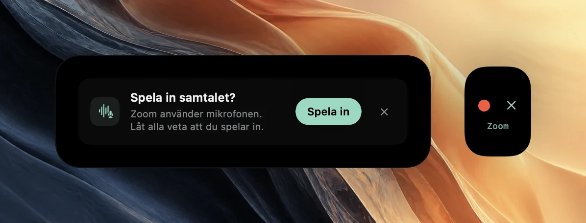 Poffles erbjudande Spela in samtalet? som säger att Zoom använder mikrofonen, med en påminnelse om att berätta det för alla och knappen Spela in. En mindre glimt vid skärmkanten visar en röd inspelningsprick och en stängningssymbol ovanför ordet Zoom.