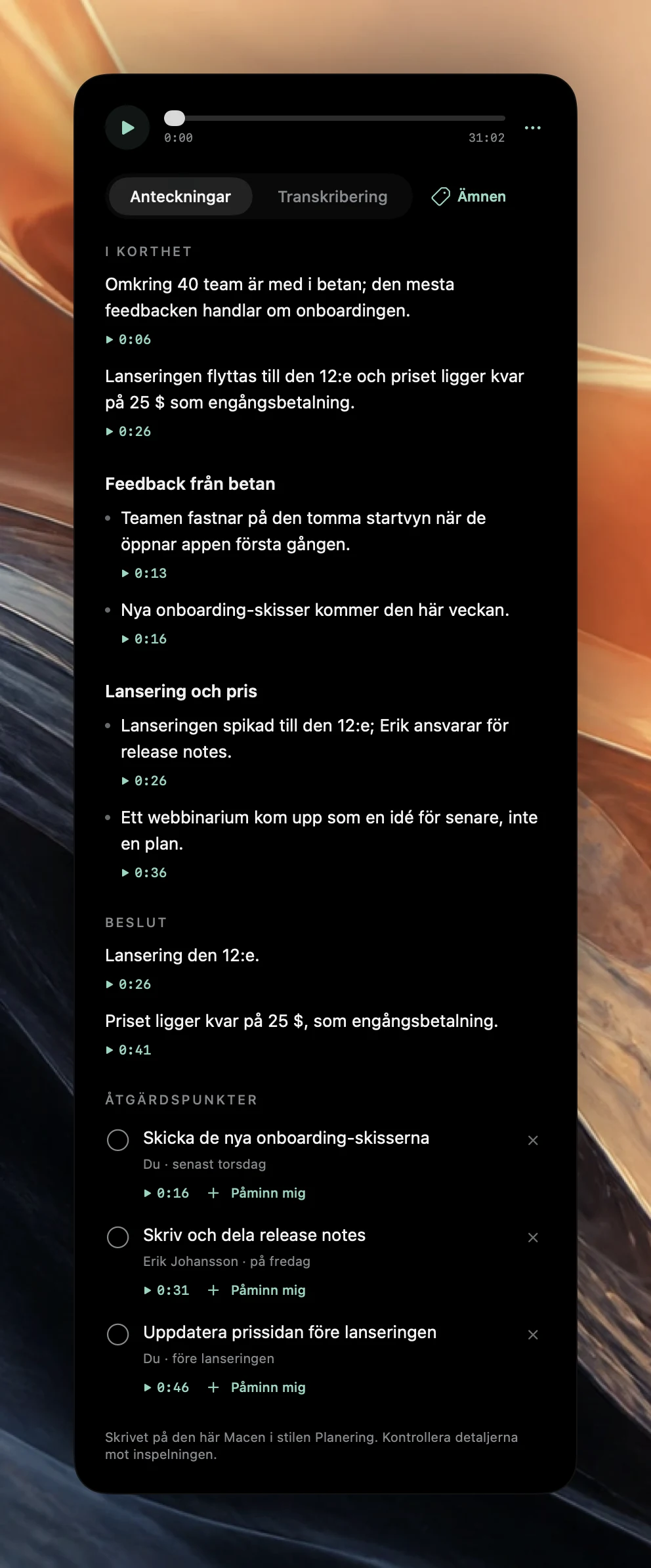 Poffles mötesanteckningar för en produktavstämning: avsnitten I korthet, Betafeedback samt Lansering och prissättning, Beslut och tre åtgärdspunkter, med fotnoten Skrivet på den här Macen i stilen Planering. Kontrollera detaljerna mot inspelningen.