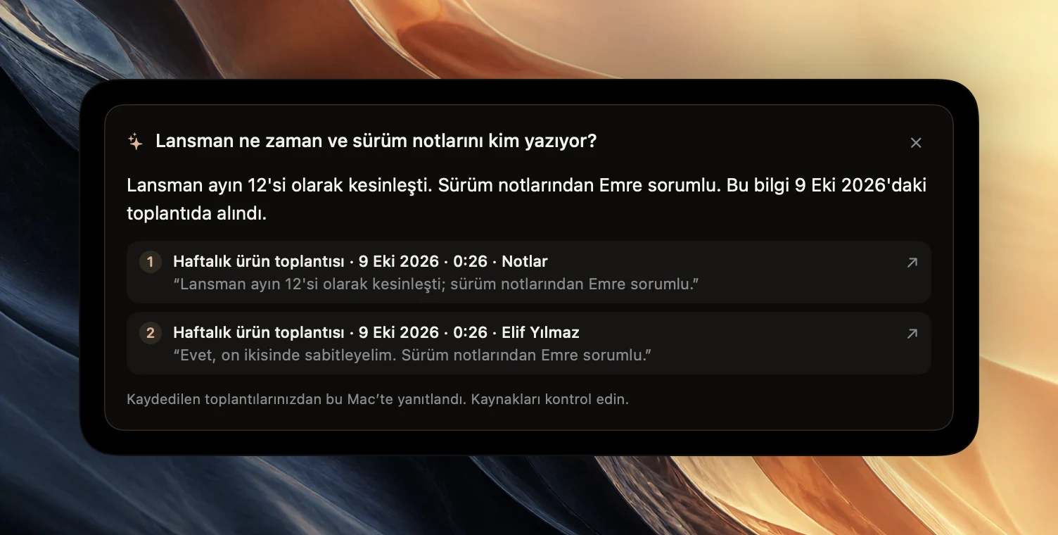 Poffle’da Lansman ne zaman ve sürüm notlarını kim yazıyor? sorusu için bir yanıt kartı. Yanıt: Lansman ayın 12’sinde ve sürüm notları Ben’de. Altında 8 Eki 2026 tarihli Weekly product sync toplantısından üç numaralı kaynak var: bir not, Ana Ruiz’in bir döküm bölümü ve Ben Ito için bir eylem maddesi.