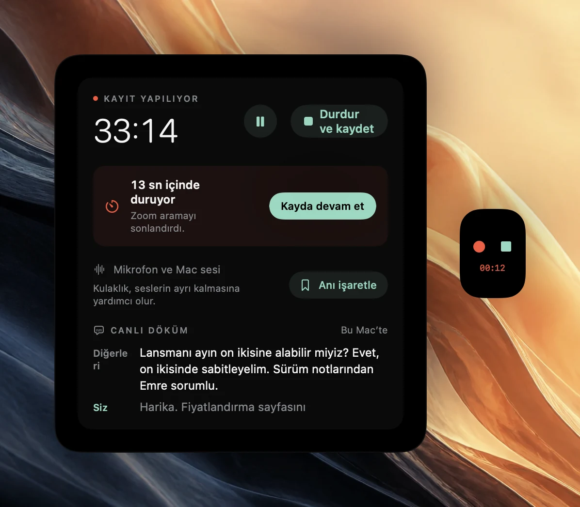 Poffle’ın 33:14’teki kayıt denetimleri; Zoom aramayı sonlandırdığı için 13 sn içinde duruyor uyarısı, Kayda devam et düğmesi, Anı işaretle ve canlı döküm görünüyor. Ekranın kenarındaki küçük bir göz atma, kırmızı renkte 00:12’nin üzerinde kayda devam etmek için kırmızı bir nokta ve bir durdurma karesi gösteriyor.