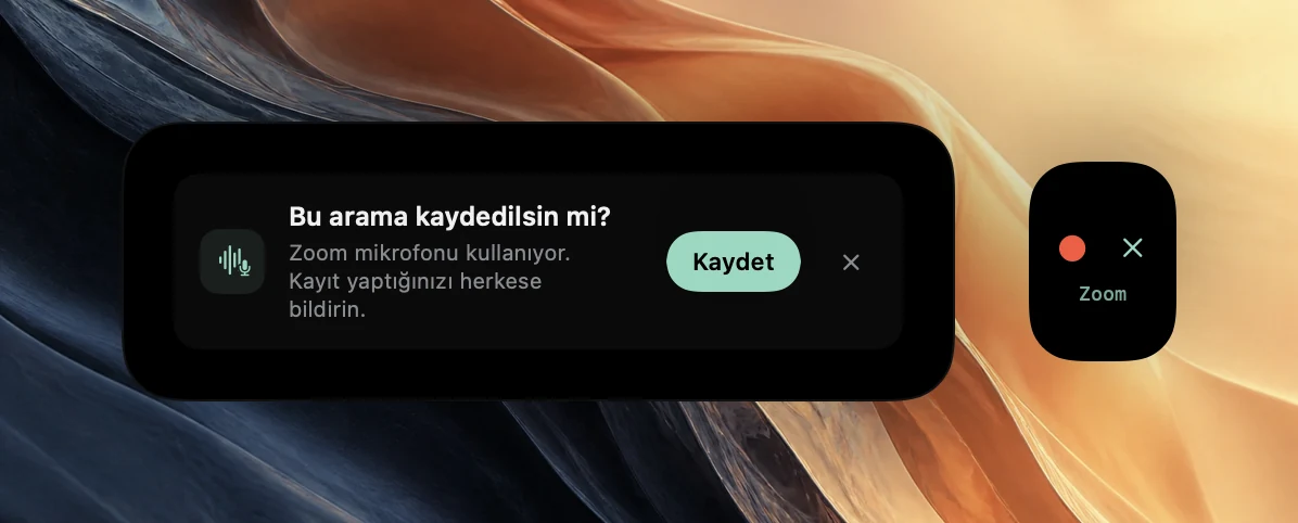 Poffle’ın Bu arama kaydedilsin mi? önerisi; Zoom’un mikrofonu kullandığını söylüyor, herkese haber vermeniz için bir hatırlatma ve bir Kaydet düğmesi içeriyor. Ekranın kenarındaki daha küçük bir göz atma, Zoom sözcüğünün üzerinde kırmızı bir kayıt noktası ve bir kapatma simgesi gösteriyor.