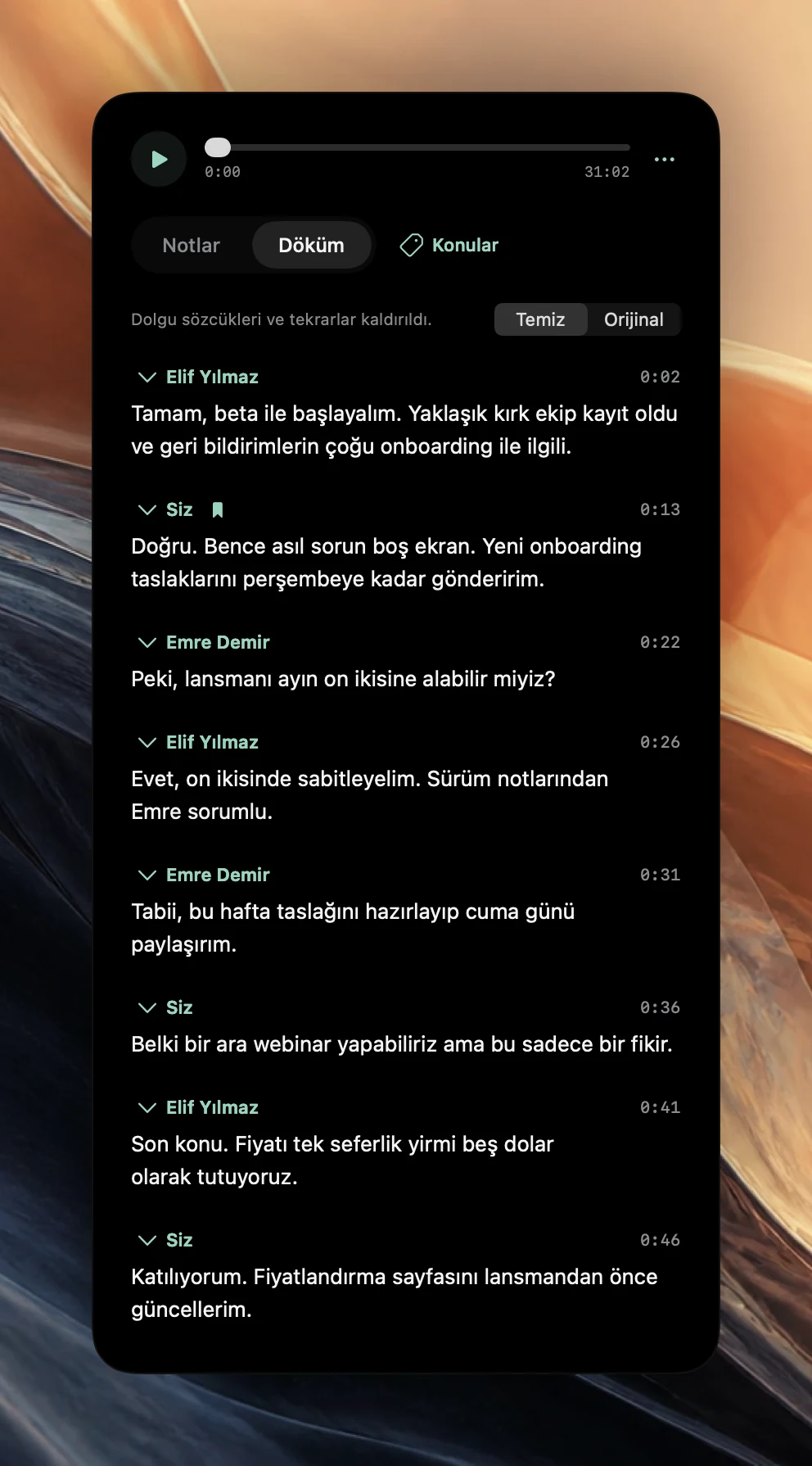 Poffle’da Temiz görünümdeki bir döküm; Dolgu sözcükleri ve tekrarlar kaldırıldı etiketiyle, Ana Ruiz, Siz ve Ben Ito’ya ait paragraflar ve her birinde 0:02 ile 0:46 arasında bir başlangıç zamanı.