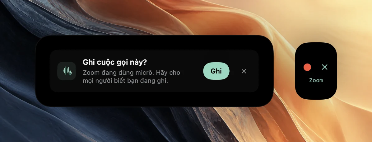 Lời đề xuất Ghi cuộc gọi này? của Poffle cho biết Zoom đang dùng micrô, kèm lời nhắc báo cho mọi người và nút Ghi. Một lướt xem nhỏ hơn ở cạnh màn hình hiện một chấm đỏ để ghi và một biểu tượng đóng phía trên chữ Zoom.