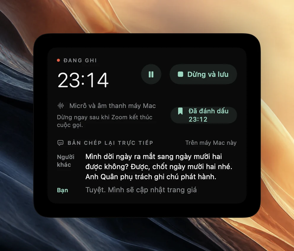 Phần điều khiển ghi âm của Poffle ở 23:14 với Tạm dừng, Dừng và lưu cùng xác nhận Đã đánh dấu 23:12, trạng thái Dừng ngay sau khi Zoom kết thúc cuộc gọi, và bản chép lại trực tiếp với các dòng của Người khác và Bạn.