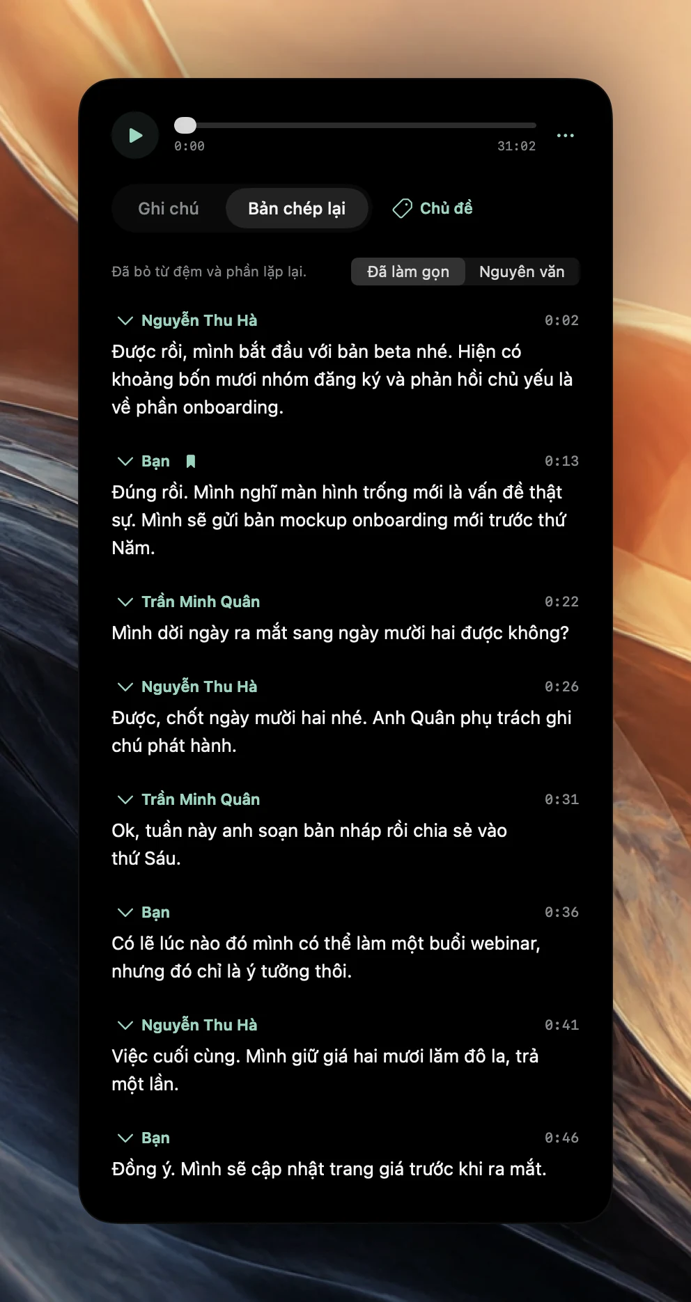 Một bản chép lại trong Poffle ở chế độ Đã làm gọn, có nhãn Đã bỏ từ đệm và phần lặp lại, với các đoạn của Ana Ruiz, Bạn và Ben Ito, mỗi đoạn có thời điểm bắt đầu từ 0:02 đến 0:46.